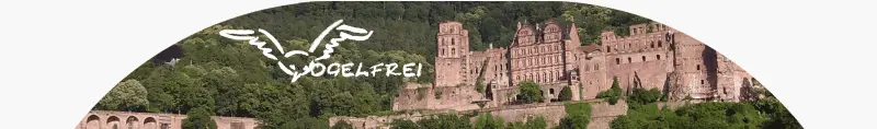 Kopfzeilen-Bild. Zeigt den stilisierten Schriftzug »Vogelfrei« mit einem V, das aussieht wie ein Vogel, sowie das Heidelberger Schloss.